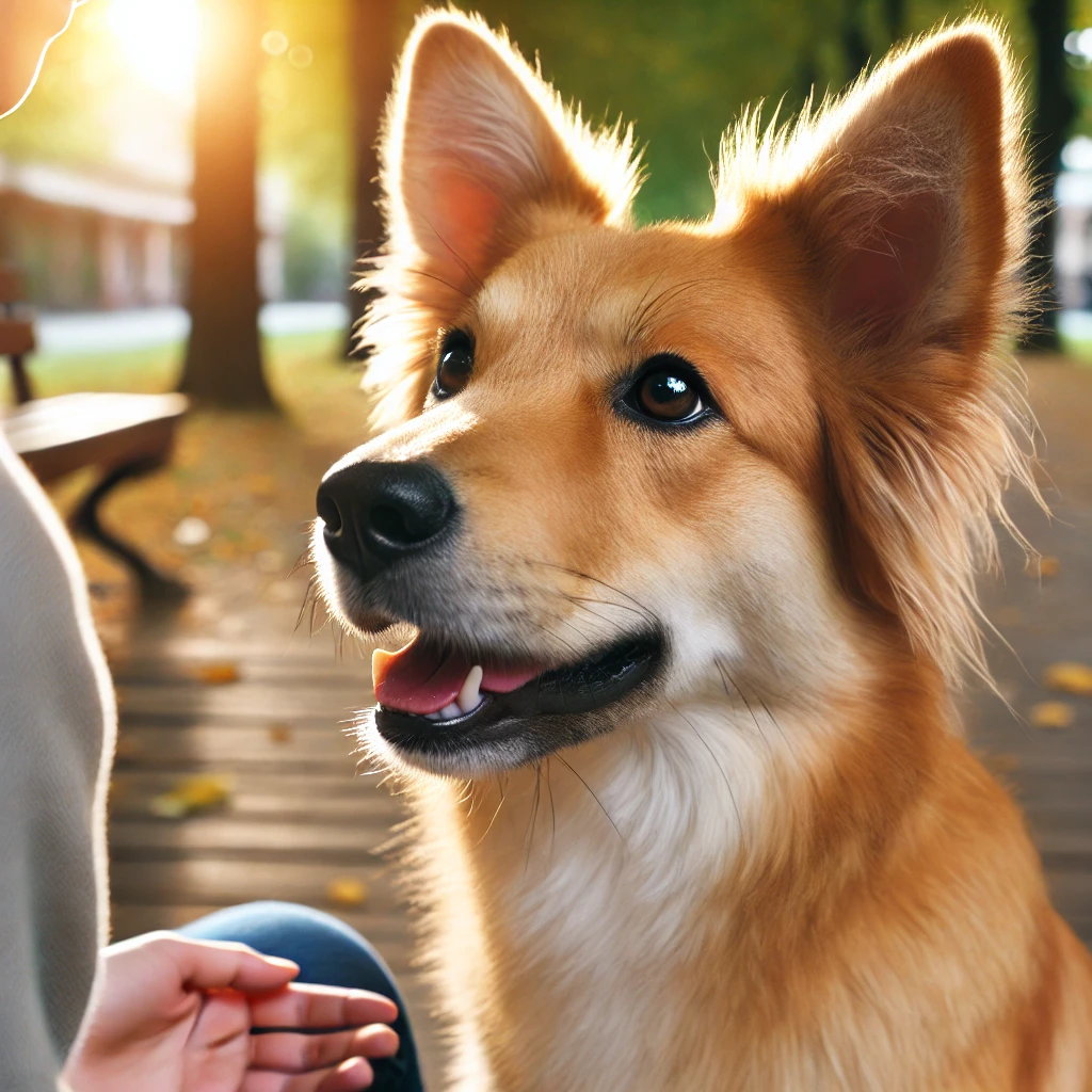 A dog attentively looking at a person speaking