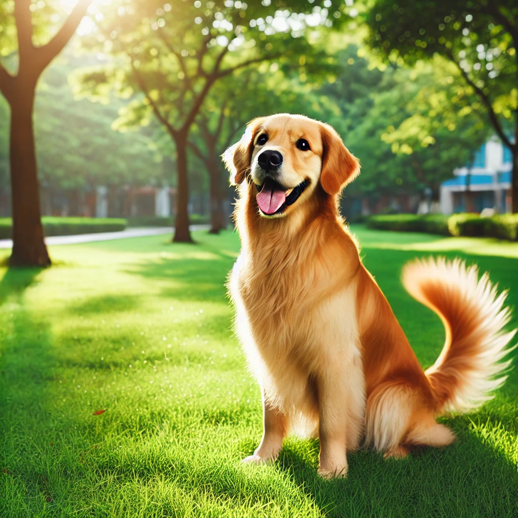 Happy golden retriever wagging tail in the park