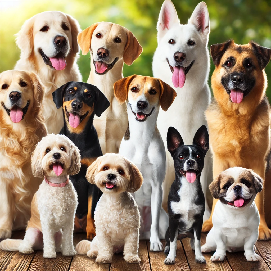 A collection of different dog breeds in a friendly pose