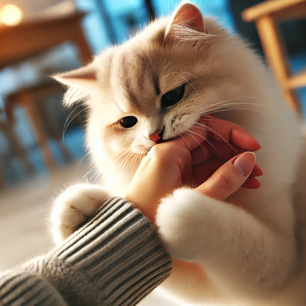 Cat gently biting hand