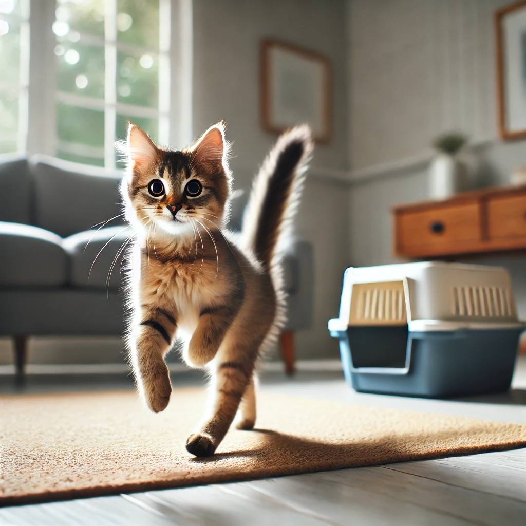 Cat running excitedly after using the litter box