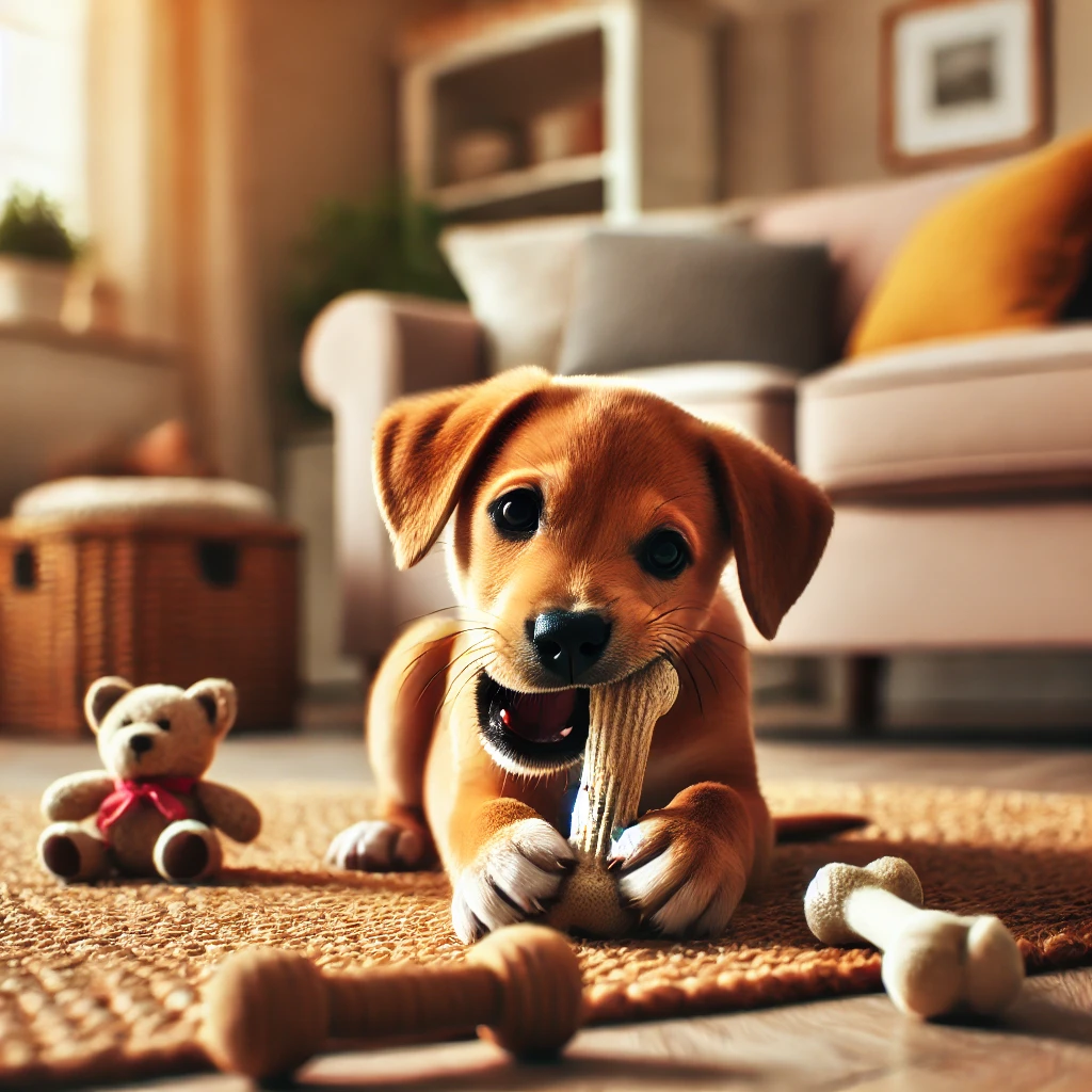 Puppy biting chew toy in living room