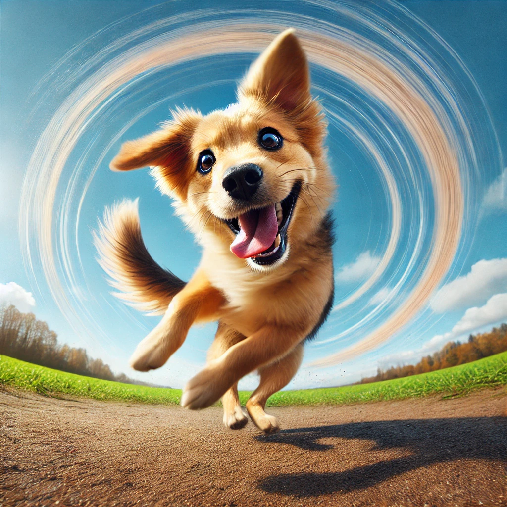 A dog spinning in a circle happily